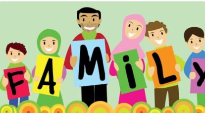 Diverse group of six people holding colorful letter signs spelling 'FAMILY' together, standing in a row.